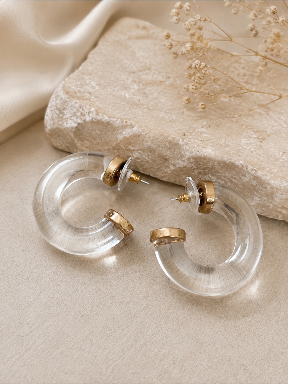 Chico's Clear Lucite Hoop Earrings with Gold Accents